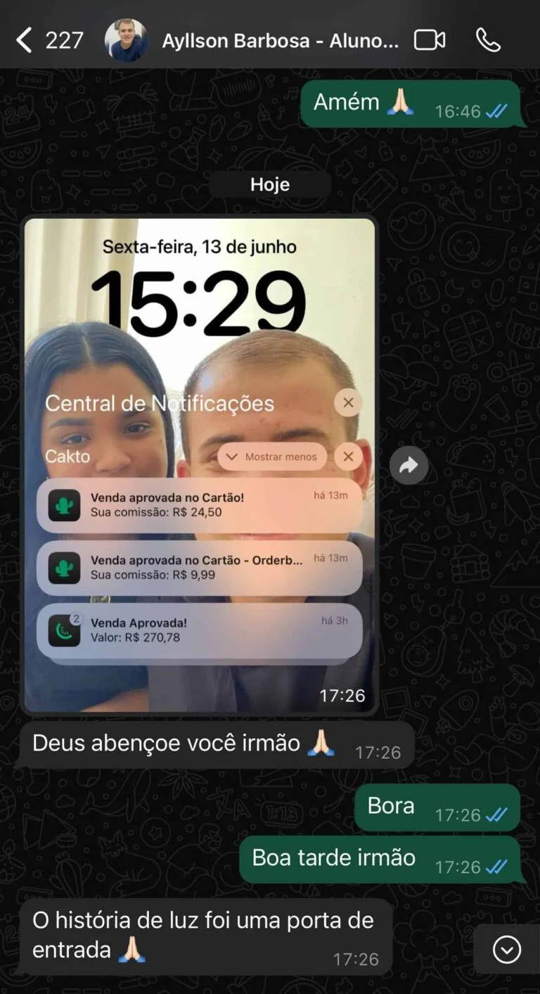 Depoimento Ayllson — vendas aprovadas pelo Cakto